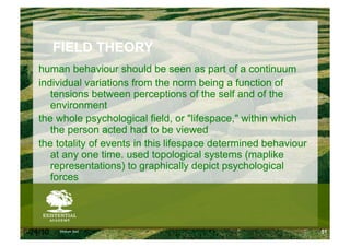FIELD THEORY
    human behaviour should be seen as part of a continuum
    individual variations from the norm being a function of
       tensions between perceptions of the self and of the
       environment
    the whole psychological field, or "lifespace," within which
       the person acted had to be viewed
    the totality of events in this lifespace determined behaviour
       at any one time. used topological systems (maplike
       representations) to graphically depict psychological
       forces




6/24/10   Modum Bad                                                 51
 