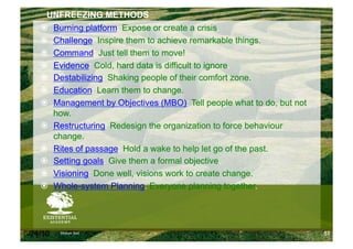 UNFREEZING METHODS
      Burning platform: Expose or create a crisis.
      Challenge: Inspire them to achieve remarkable things.
      Command: Just tell them to move!
      Evidence: Cold, hard data is difficult to ignore.
      Destabilizing: Shaking people of their comfort zone.
      Education: Learn them to change.
      Management by Objectives (MBO): Tell people what to do, but not
       how.
      Restructuring: Redesign the organization to force behaviour
       change.
      Rites of passage: Hold a wake to help let go of the past.
      Setting goals: Give them a formal objective.
      Visioning: Done well, visions work to create change.
      Whole-system Planning: Everyone planning together.




6/24/10   Modum Bad                                                      53
 