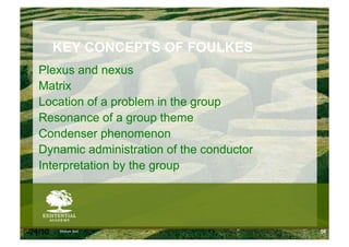KEY CONCEPTS OF FOULKES
    Plexus and nexus
    Matrix
    Location of a problem in the group
    Resonance of a group theme
    Condenser phenomenon
    Dynamic administration of the conductor
    Interpretation by the group




6/24/10   Modum Bad                           56
 