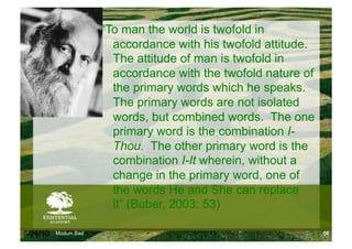 “To man the world is twofold in
                        accordance with his twofold attitude.
                        The attitude of man is twofold in
                        accordance with the twofold nature of
                        the primary words which he speaks.
                        The primary words are not isolated
                        words, but combined words. The one
                        primary word is the combination I-
                        Thou. The other primary word is the
                        combination I-It wherein, without a
                        change in the primary word, one of
                        the words He and She can replace
                        it” (Buber, 2003: 53)

6/24/10   Modum Bad                                             58
 