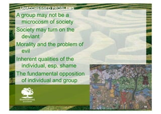 UNADDRESSED PROBLEMS
          A group may not be a
            microcosm of society
          Society may turn on the
            deviant
          Morality and the problem of
            evil
          Inherent qualities of the
            individual, esp. shame
          The fundamental opposition
6/24/10




            of individual and group



                                        59
 