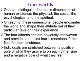 Four worlds
One can distinguish four basic dimensions of
human existence: the physical, the social, the
psychological, and the spiritual.
On each of these dimensions, people encounter
the world and shape their attitude out of their
particular take on their experience.
The four dimensions are obviously interwoven
and provide a complex four-dimensional force
field for their existence.
Individuals are stretched between a positive
pole of what they aspire to on each dimension
and a negative pole of what they fear.
 