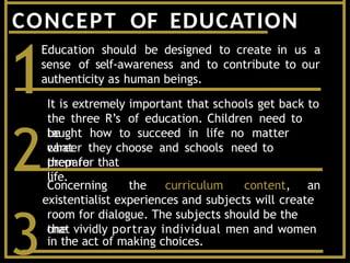 CONCEPT OF EDUCATION
Education should be designed to create in us a
sense of self-awareness and to contribute to our
authenticity as human beings.
It is extremely important that schools get back to
the three R’s of education. Children need to
be
taught how to succeed in life no matter
what
career they choose and schools need to
prepare
them for that
life.
1
2
3
Concerning the curriculum content, an
room for dialogue. The subjects should be the
one
existentialist experiences and subjects will create
that vividly portray individual men and women
in the act of making choices.
 
