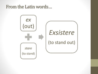 From the Latin words…
ex
(out)
stare
(to stand)
Exsistere
(to stand out)
 