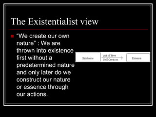 The Existentialist view
 “We create our own
nature” : We are
thrown into existence
first without a
predetermined nature
and only later do we
construct our nature
or essence through
our actions.
 