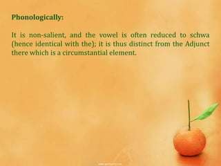 Phonologically:

It is non-salient, and the vowel is often reduced to schwa
(hence identical with the); it is thus distinct from the Adjunct
there which is a circumstantial element.
 