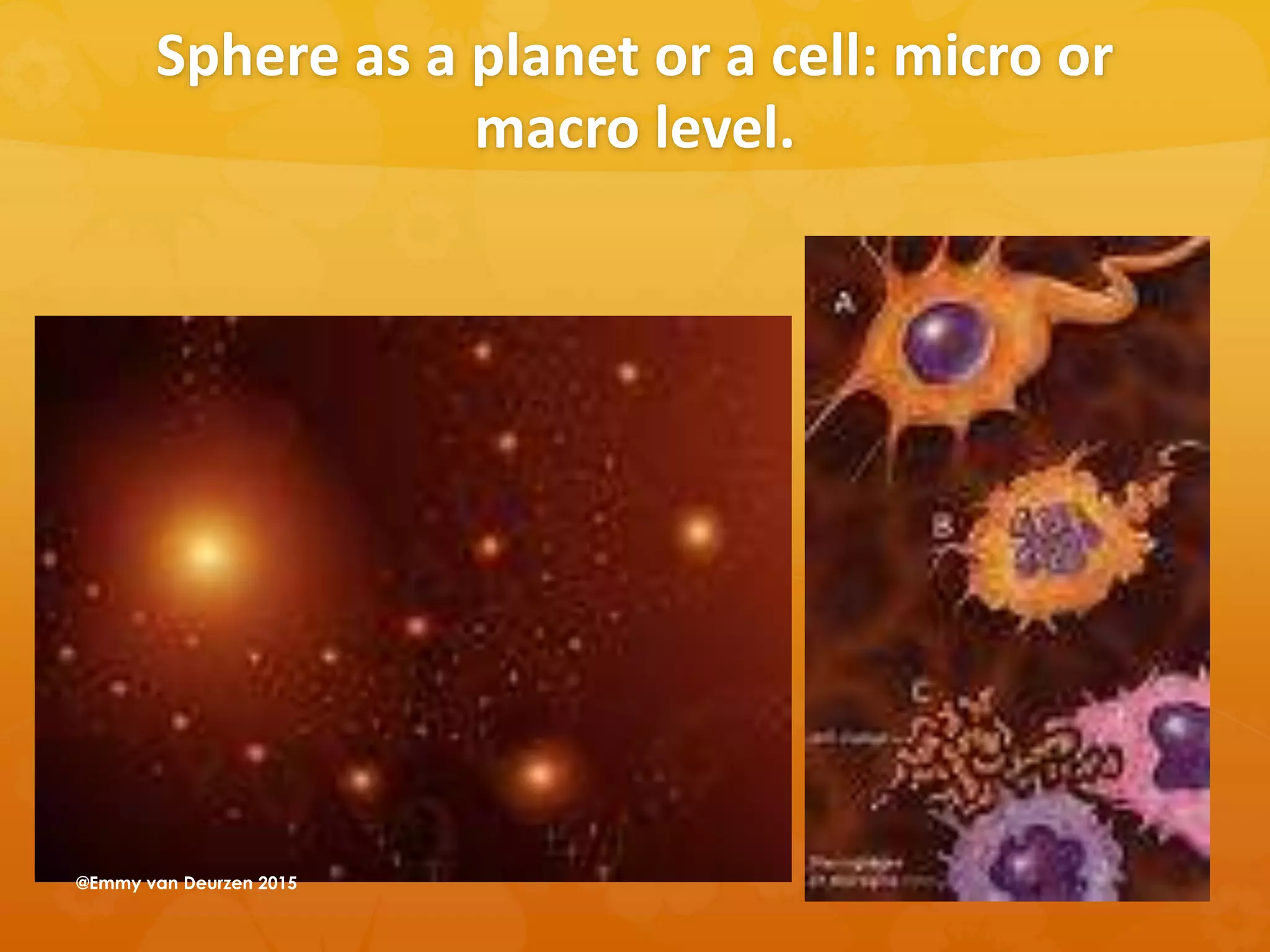 Sphere as a planet or a cell: micro or
macro level.
@Emmy van Deurzen 2015
 
