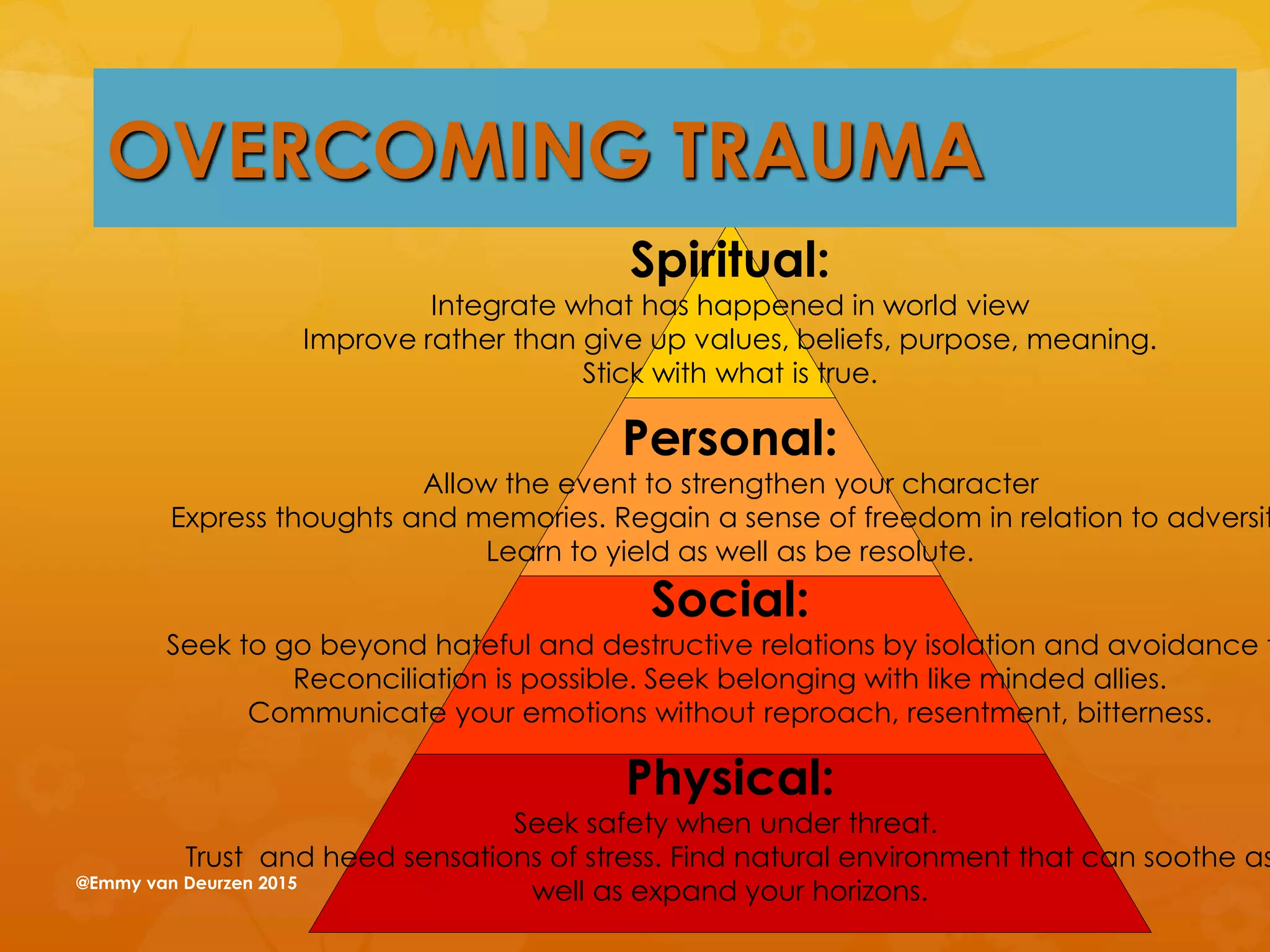 Spiritual:
Integrate what has happened in world view
Improve rather than give up values, beliefs, purpose, meaning.
Stick with what is true.
Personal:
Allow the event to strengthen your character
Express thoughts and memories. Regain a sense of freedom in relation to adversit
Learn to yield as well as be resolute.
Social:
Seek to go beyond hateful and destructive relations by isolation and avoidance t
Reconciliation is possible. Seek belonging with like minded allies.
Communicate your emotions without reproach, resentment, bitterness.
Physical:
Seek safety when under threat.
Trust and heed sensations of stress. Find natural environment that can soothe as
well as expand your horizons.
OVERCOMING TRAUMA
@Emmy van Deurzen 2015
 