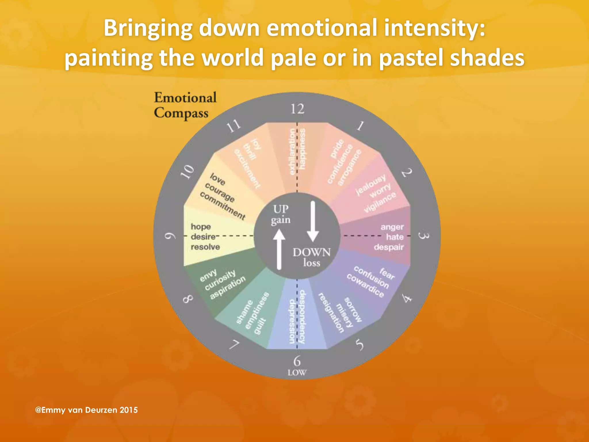 Bringing down emotional intensity:
painting the world pale or in pastel shades
@Emmy van Deurzen 2015
 