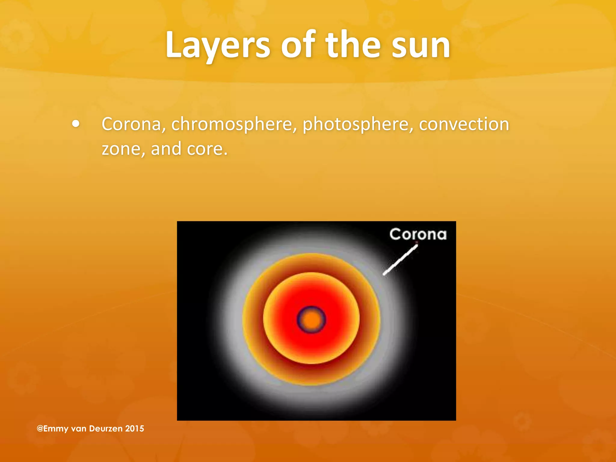 Layers of the sun
 Corona, chromosphere, photosphere, convection
zone, and core.
@Emmy van Deurzen 2015
 