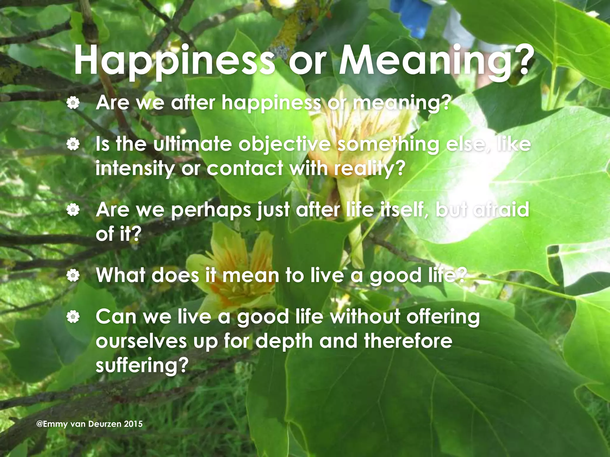 Happiness or Meaning?
 Are we after happiness or meaning?
 Is the ultimate objective something else, like
intensity or contact with reality?
 Are we perhaps just after life itself, but afraid
of it?
 What does it mean to live a good life?
 Can we live a good life without offering
ourselves up for depth and therefore
suffering?
@Emmy van Deurzen 2015
 