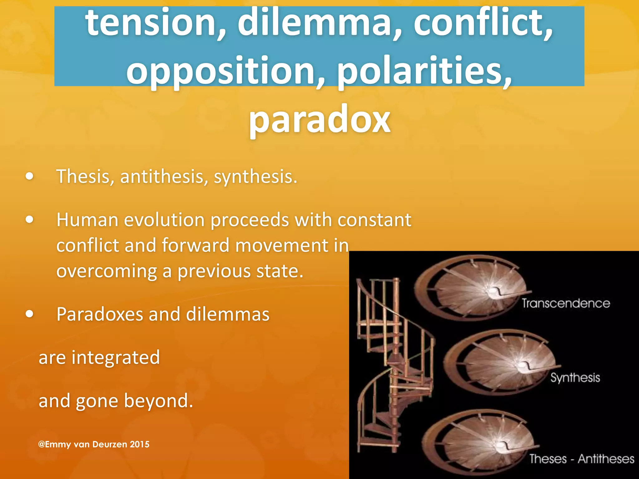 tension, dilemma, conflict,
opposition, polarities,
paradox
 Thesis, antithesis, synthesis.
 Human evolution proceeds with constant
conflict and forward movement in
overcoming a previous state.
 Paradoxes and dilemmas
are integrated
and gone beyond.
@Emmy van Deurzen 2015
 