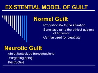 EXISTENTIAL MODEL OF GUILT
Normal GuiltNormal Guilt
Proportionate to the situation
Sensitizes us to the ethical aspects
of behavior
Can be used for creativity
Neurotic GuiltNeurotic Guilt
About fantasized transgressions
“Forgetting being”
Destructive
 
