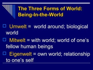 The Three Forms of World:The Three Forms of World:
Being-In-the-WorldBeing-In-the-World
 Umwelt = world around; biological
world
 Mitwelt = with world; world of one’s
fellow human beings
 Eigenwelt = own world; relationship
to one’s self
 