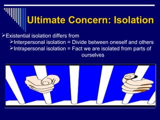 Ultimate Concern: IsolationUltimate Concern: Isolation
Existential isolation differs from
Interpersonal isolation = Divide between oneself and others
Intrapersonal isolation = Fact we are isolated from parts of
ourselves
 