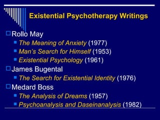 Existential Psychotherapy WritingsExistential Psychotherapy Writings
Rollo May
 The Meaning of Anxiety (1977)
 Man’s Search for Himself (1953)
 Existential Psychology (1961)
James Bugental
 The Search for Existential Identity (1976)
Medard Boss
 The Analysis of Dreams (1957)
 Psychoanalysis and Daseinanalysis (1982)
 