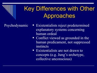Psychodynamic  Existentialists reject predetermined
explanatory systems concerning
human ordeal
 Conflict viewed as grounded in the
human predicament, not suppressed
instincts
 Existentialists are not drawn to
concepts (e.g. Jung’s archetype,
collective unconscious)
Key Differences with Other
Approaches
 