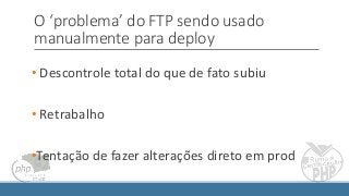 O ‘problema’ do FTP sendo usado
manualmente para deploy
• Descontrole total do que de fato subiu
• Retrabalho
•Tentação de fazer alterações direto em prod
 