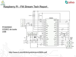 Raspberry Pi - FM Stream Tech Report
PCM2900C
CODEC de áudio
USB
http://www.ti.com/lit/ds/symlink/pcm2900c.pdf
 