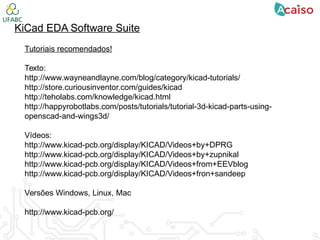 KiCad EDA Software Suite
Tutoriais recomendados!
Texto:
http://www.wayneandlayne.com/blog/category/kicad-tutorials/
http://store.curiousinventor.com/guides/kicad
http://teholabs.com/knowledge/kicad.html
http://happyrobotlabs.com/posts/tutorials/tutorial-3d-kicad-parts-using-
openscad-and-wings3d/
Vídeos:
http://www.kicad-pcb.org/display/KICAD/Videos+by+DPRG
http://www.kicad-pcb.org/display/KICAD/Videos+by+zupnikal
http://www.kicad-pcb.org/display/KICAD/Videos+from+EEVblog
http://www.kicad-pcb.org/display/KICAD/Videos+fron+sandeep
Versões Windows, Linux, Mac
http://www.kicad-pcb.org/
 