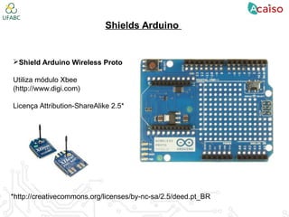 Shields Arduino
Shield Arduino Wireless Proto
Utiliza módulo Xbee
(http://www.digi.com)
Licença Attribution-ShareAlike 2.5*
*http://creativecommons.org/licenses/by-nc-sa/2.5/deed.pt_BR
 