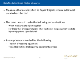 42
©2015 Navigant Consulting, Inc.
» Measures that are classified as Repair Eligible require additional
data to be collected.
» The team needs to make the following determinations
– Which measures are repair eligible?
– For those that are repair eligible, what fraction of the population tends to
repair equipment upon failure?
» Assumptionsare needed for the following
– The cost of repairing equipment
– The added lifetime that repairing equipment provides
Data Needs for Repair Eligible Measures
 