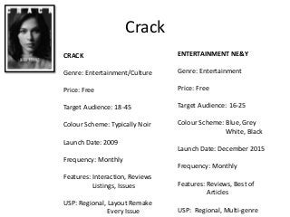 Crack
CRACK
Genre: Entertainment/Culture
Price: Free
Target Audience: 18-45
Colour Scheme: Typically Noir
Launch Date: 2009
Frequency: Monthly
Features: Interaction, Reviews
Listings, Issues
USP: Regional, Layout Remake
Every Issue
ENTERTAINMENT NE&Y
Genre: Entertainment
Price: Free
Target Audience: 16-25
Colour Scheme: Blue, Grey
White, Black
Launch Date: December 2015
Frequency: Monthly
Features: Reviews, Best of
Articles
USP: Regional, Multi-genre
 