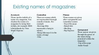 Existing names of magazines
Acronym
These are the initials of a
name of a magazine. You
shorten the name of a
magazine by using their
initials, for example NME
which stands for ‘New
Music Express.’

Connotive
These are names which
are represented through
sounds of music. For
example
-Keerang (this
represents a bang in
music)
-Bang (this says it in the
name, a bang)
-Vibe

Phrase
These names are given
after recognisable and
remember names
-Top of the pops
-Smash hits
-Mix Mag
Compound
-Pop Express
These names are given
through the genre of
the music being
presented within the
magazine
-Top of the pops
-Indie Visual

 