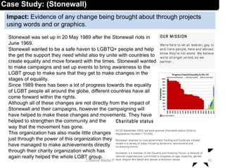 Impact: Evidence of any change being brought about through projects
using words and or graphics.
10Creative Media Production 2012
Case Study: (Stonewall)
Stonewall was set up in 20 May 1989 after the Stonewall riots in
June 1969.
Stonewall wanted to be a safe haven to LGBTQ+ people and help
the get the support they need whilst also try unite with countries to
create equality and move forward with the times. Stonewall wanted
to make campaigns and set up events to bring awareness to the
LGBT group to make sure that they get to make changes in the
stages of equality.
Since 1989 there has been a lot of progress towards the equality
of LGBT people all around the globe, different countries have all
come forward within the rights.
Although all of these changes are not directly from the impact of
Stonewall and their campaigns, however the campaigning will
have helped to make these changes and movements. They have
helped to strengthen the community and the
way that the movement has gone.
This organization has also made little changes
just through the power of this organization they
have managed to make achievements directly
through their charity organization which has
again really helped the whole LGBT group.
 