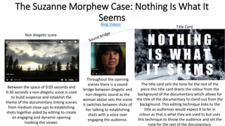 The Suzanne Morphew Case: Nothing Is What It
Seems
Bing Videos
Between the space of 0:05 seconds and
0:30 seconds a non-diegetic score is used
to build suspense and establish the
theme of the documentary linking scenes
from medium close-ups to establishing
shots together aided by editing to create
an engaging and dynamic opening
hooking the viewer.
Title Card
The title card sets the tone for the rest of the
piece this title card drains the colour from the
background of the documentary which allows for
the title of the documentary to stand out from the
background. This editing technique links to the
title as audiences would expect it to be in
colour as that is what they are used to but uses
this technique to throw the audience and set the
tone for the rest of the documentary.
Non diegetic score
Throughout the opening
scenes there is a sound
bridge between diegetic and
non-diegetic sound as the
woman above sets the scene
it switches between shots of
her talking to establishing
shots with a voice over
engaging the audience.
 