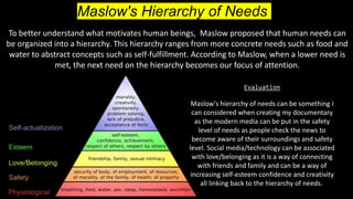 Maslow's Hierarchy of Needs
To better understand what motivates human beings, Maslow proposed that human needs can
be organized into a hierarchy. This hierarchy ranges from more concrete needs such as food and
water to abstract concepts such as self-fulfillment. According to Maslow, when a lower need is
met, the next need on the hierarchy becomes our focus of attention.
Evaluation
Maslow's hierarchy of needs can be something I
can considered when creating my documentary
as the modern media can be put in the safety
level of needs as people check the news to
become aware of their surroundings and safety
level. Social media/technology can be associated
with love/belonging as it is a way of connecting
with friends and family and can be a way of
increasing self-esteem confidence and creativity
all linking back to the hierarchy of needs.
 