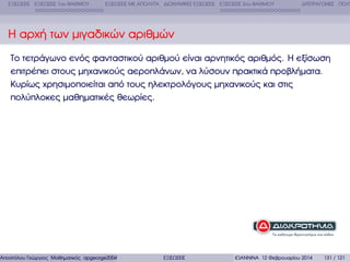 ΕΞΙΣΩΣΕΙΣ ΕΞΙΣΩΣΕΙΣ 1ου ΒΑΘΜΟΥ

ΕΞΙΣΩΣΕΙΣ ΜΕ ΑΠΟΛΥΤΑ ∆ΙΩΝΥΜΙΚΕΣ ΕΞΙΣΩΣΕΙΣ ΕΞΙΣΩΣΕΙΣ 2ου ΒΑΘΜΟΥ

∆ΙΤΕΤΡΑΓΩΝΕΣ ΠΟΛΥ

Η αρχή των µιγαδικών αριθµών
Το τετράγωνο ενός ϕανταστικού αριθµού είναι αρνητικός αριθµός. Η εξίσωση
επιτρέπει στους µηχανικούς αεροπλάνων, να λύσουν πρακτικά προβλήµατα.
Κυρίως χρησιµοποιείται από τους ηλεκτρολόγους µηχανικούς και στις
πολύπλοκες µαθηµατικές ϑεωρίες.

Αποστόλου Γεώργιος Μαθηµατικός apgeorge2004@yahoo.com

ΕΞΙΣΩΣΕΙΣ

ΙΩΑΝΝΙΝΑ 12 Φεβρουαρίου 2014

131 / 121

 