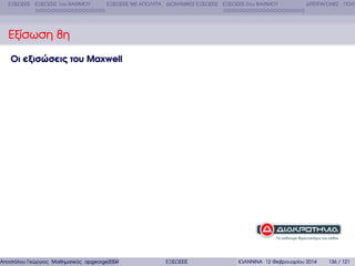 ΕΞΙΣΩΣΕΙΣ ΕΞΙΣΩΣΕΙΣ 1ου ΒΑΘΜΟΥ

ΕΞΙΣΩΣΕΙΣ ΜΕ ΑΠΟΛΥΤΑ ∆ΙΩΝΥΜΙΚΕΣ ΕΞΙΣΩΣΕΙΣ ΕΞΙΣΩΣΕΙΣ 2ου ΒΑΘΜΟΥ

∆ΙΤΕΤΡΑΓΩΝΕΣ ΠΟΛΥ

Εξίσωση 8η
Οι εξισώσεις του Maxwell

Αποστόλου Γεώργιος Μαθηµατικός apgeorge2004@yahoo.com

ΕΞΙΣΩΣΕΙΣ

ΙΩΑΝΝΙΝΑ 12 Φεβρουαρίου 2014

136 / 121

 
