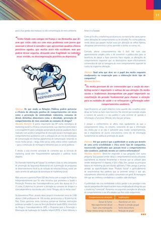 11



para a boa gestão dos resíduos e a não contaminação do meio ambiente.             Arisco e a Eastpak.

                                                                                  Como já foi dito, o marketing social procura, na maioria dos casos, operar
“Tenho falado com colegas em França e na Alemanha, que di-                        sobre alterações de comportamento ou de atitudes. Por outras palavras,
zem que estão cada vez com mais problemas com jovens que                          vende ideias que passam muitas vezes por alteração de velhos hábitos,
associam o álcool à cannabis e que apresentam quadros clínicos                    ultrapassar preconceitos e vícios, aprender a aceitar os outros, etc...
psicóticos agudos, que muitas vezes não recidivam, mas que
                                                                                  Contudo, alterar comportamentos não é fácil. Até num caso
podem deixar sequelas, deixando uma fragilidade no indivíduo
 nesse sentido, na descompensação psicótica ou depressiva.                    ”   aparentemente simples como o de convencer o público-alvo para os
                                                                                  benefícios de passar a fazer exercício físico regular, as alterações de
                                                                                  comportamento requerem que os destinatários sejam efectivamente
                                                                                  convencidos de que as vantagens do novo comportamento superam os
                                                                                  custos da respectiva alteração.

                                                                                  Dianova: Qual acha que deve ser o papel dos media enquanto
                                                                                  coadjuvantes na cooperação para a elaboração deste tipo de
                                                                                  campanhas?
                                                                                  Mariana Rasteiro:

                                                                                  “Os media precisam de ser convencidos que a acção do mar-
                                                                                  keting social é importante e valiosa da sua atenção. Os media
                                                                                  sociais e tradicionais desempenham um papel importante na
                                                                                  constituição da pressão fundamental para chamar a atenção
                                                                                  para os cuidados de saúde e se reforçarem a informação sobre
                                                                                                   comportamentos saudáveis.              ”
Dianova: De que modo as Relações Públicas podem potenciar                         Especificamente um papel didáctico como quando dão conselhos sobre
a eficácia da alteração positiva de comportamentos em áreas                       deixar de fumar ou fazer mais exercício. Na internet por exemplo amplia
como a prevenção da sinistralidade rodoviária, consumo de                         o número de autores e o seu público é uma corrente de opinião e
álcool, distúrbios alimentares como a obesidade, prevenção de                     informação a funcionar 24horas, sete dias por semana.
comportamentos de risco associado ao consumo de drogas?
Mariana Rasteiro: O ponto importante das RP numa estratégica de                   E porque o conhecimento se altera mais rapidamente do que o
marketing social é a eficácia comunicacional, cujo objectivo primordial é         comportamento estou, no entanto, consciente de que a informação
o encorajamento para a adopção apropriada de práticas saudáveis. Isto é           dos media por si só não é suficiente para mudar comportamentos,
realizado com acções e campanhas de educação social e motivação para              daí a importância de outros instrumentos como elo de informação
comportamentos saudáveis e com a utilização de um mix de estratégias              fundamental na cadeia da promoção de saúde.
de comunicação em diversas plataformas de comunicação incluindo os
novos media sociais – blogs, redes sócias, wikis, vídeos online e podcasts        Dianova: Até que ponto é que a publicidade se acaba por demitir
– para a construção de mensagens relevantes para os vários públicos.              de uma certa sensibilidade e ética neste tipo de campanhas,
                                                                                  inscrevendo significados que possam levar a comportamentos
É devido a esta enorme variedade de contextos que as técnicas de                  não-saudáveis, podendo mesmo ser contra-informadora?
marketing social têm frequentemente aplicações e públicos muito                   Mariana Rasteiro: Deixe-me responder à sua pergunta com outra
díspares.                                                                         pergunta. Será possível vender ideias e comportamentos sociais utilizando
                                                                                  exactamente as mesmas ferramentas e técnicas que se utilizam para
Do chamado marketing de “causas” (o combate à Sida ou uma campanha                vender detergentes? A resposta é Sim e Não. Sim, porque os princípios
de prevenção da Segurança Rodoviária) até à promoção de programas                 básicos do marketing são sem dúvida aplicáveis. E Não, porque é preciso
de desenvolvimento local ou de inclusão de minorias étnicas, existe um            atender às especificidades deste “Produto Social” e particularmente
vasto terreno de aplicação de estratégias de marketing social.                    às características dos públicos que se pretende atingir e que são,
                                                                                  naturalmente, diferentes do público consumidor em geral. As mensagens
Mais uma vez a parceria Pfizer/ GCI deu frutos com a criação do Projecto          têm que ser credíveis e verdadeiras e o público sabe distinguir.
Independentemente que foi uma iniciativa que promoveu a Saúde e
Prevenção Primária das Toxicodependências junto dos alunos do 2º e                A publicidade não cria credibilidade e está a perder o seu prestígio e este
3º ciclos. O objectivo foi prevenir a iniciação ao consumo de drogas e a          tipo de campanhas têm objectivos bem mais complicados de atingir do que
toxicodependência nas escolas sob o mote “Drogas, não te metas nisso”.            o marketing “comercial”. Pensemos nos seguintes exemplos de alteração
                                                                                  de comportamentos e nas dificuldades que lhes estão subjacentes:
Os laboratórios Pfizer, através deste projecto envolveram cerca de 3100
alunos e 540 professores de 105 escolas, pertencentes a 18 distritos do                Comportamento desejado              Implicações
País. Como parceiros nesta iniciativa contam-se diversas instituições                             Deixar de fumar          Abandonar um vício
públicas e privadas. É o caso da Direcção Geral de Saúde (DGS), o Instituto               Não experimentar álcool          Resistir à pressão grupal
da Droga e Toxicodependência (IDT), o Programa para a Prevenção e                          Fazer uma mamografia            Sentir desconforto
Eliminação da Exploração do Trabalho Infantil (PETI), a Texto Editores, a           Passar menos tempo no duche            Redução de prazer
 