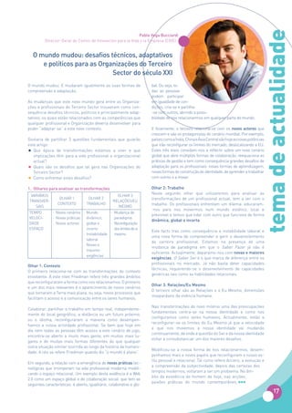 tema de actualidade
                                                             Pablo Vega Bucciardi
          Director-Geral do Centro de Innovacíon para la Vida y la Empresa (CIVE)


    O mundo mudou: desafios técnicos, adaptativos
       e políticos para as Organizações do Terceiro
                               Sector do século XXI
O mundo mudou. E mudaram igualmente as suas formas de                    bal. Ou seja, to-
compreensão e adaptação.                                                 das as pessoas
                                                                         podem participar
As mudanças que este novo mundo gera entre as Organiza-                  em igualdade de con-
ções e profissionais do Terceiro Sector trouxeram como con-              dições, cria-se e partilha-
sequência desafios técnicos, políticos e principalmente adap-            -se com outros, abrindo a possi-
tativos, os quais estão relacionados com as competências que             bilidade de nos relacionarmos em qualquer parte do mundo.
qualquer profissional e Organização deveria desenvolver para
poder “adaptar-se” a este novo contexto.                                 E finalmente, o terceiro relaciona-se com os novos actores que
                                                                         crescem e são os protagonistas do cenário mundial. Por exemplo,
Gostaria de partilhar 3 questões fundamentais que guiarão                países como a Índia, China e Ásia Central são hoje as novas potências
este artigo:                                                             que irão reconfigurar os limites do mercado, deslocalizando a EU.
•  Que época de transformações estamos a viver e que                     Estes três eixos convidam-nos a reflectir sobre um novo cenário
   implicações têm para a vida profissional e organizacional             global que abre múltiplas formas de colaboração, reequaciona as
   actual?                                                               práticas de gestão e tem como consequência grandes desafios de
•  Quais são os desafios que tal gera nas Organizações do                adaptação para os profissionais: novas formas de aprendizagem,
   Terceiro Sector?                                                      novas formas de construção de identidade, de aprender a trabalhar
•  Como enfrentar estes desafios?                                        com outros e a inovar.

1. Olhares para analisar as transformações                               Olhar 2: Trabalho
                                                                         Neste segundo olhar que utilizaremos para analisar as
  VARIÁVEIS                                           OLHAR 3
                   OLHAR 1          OLHAR 2                              transformações de um profissional actual, tem a ver com o
 TRANSVER-                                          RELAÇÕES/EU
                  CONTEXTO         TRABALHO                              trabalho. Os profissionais enfrentam um dilema: educaram-
    SAIS                                              MESMO
                                                                         -nos para nos movermos num mundo estático, local e
TEMPO          · Novos cenários · Mundo            · Mudança de
                                                                         previsível e temos que lidar com outro que funciona de forma
VELOCI-        · Novas práticas   dinâmico,          paradigma
                                                                         dinâmica, global e incerta.
DADE           · Novos actores    global e         · Reconfiguração
ESPAÇO                            incerto            dos limites de si
                                                                         Este facto traz como consequência a instabilidade laboral e
                                · Instabilidade      mesmo
                                                                         uma nova forma de compreender e gerir o desenvolvimento
                                  laboral
                                                                         da carreira profissional. Estamos na presença de uma
                                · Novas e
                                                                         mudança de paradigma em que o Saber Fazer já não é
                                  maiores
                                                                         suficiente. Actualmente, deparamo-nos com novas e maiores
                                  exigências
                                                                         exigências. O Saber Ser é o que marca de diferença entre os
                                                                         profissionais no mercado. Já não basta deter capacidades
Olhar 1: Contexto
                                                                         técnicas, requerendo-se o desenvolvimento de capacidades
O primeiro relaciona-se com as transformações do contexto
                                                                         genéricas tais como as habilidades relacionais.
envolvente. A este nível Friedman refere três grandes âmbitos
que reconfiguraram a forma como nos relacionamos. O primeiro
                                                                         Olhar 3: Relações/Eu Mesmo
e um dos mais relevantes é o aparecimento de novos cenários
                                                                         O terceiro olhar são as Relações e o Eu Mesmo, dimensões
que tornaram a Terra mais plana, ou seja, novos processos que
                                                                         inseparáveis da vivência humana.
facilitam o acesso e a comunicação entre os seres humanos.
                                                                         Nas transformações do novo milénio uma das preocupações
Colaborar, partilhar o trabalho em tempo real, independente-
                                                                         fundamentais centra-se na nossa identidade e como nos
mente do local geográfico, a distância ou um futuro próximo,
                                                                         configuramos como seres humanos. Actualmente, estão a
ou o idioma, reconfiguraram a maneira como desempen-
                                                                         reconfigurar-se os limites do Eu Mesmo já que a velocidade
hamos a nossa actividade profissional. Se bem que hoje em
                                                                         a que nos movemos a nossa identidade vai mudando
dia nem todas as pessoas têm acesso a este cenário de jogo,
                                                                         continuamente, de onde a questão do Ser e da nossa identidade
encontra-se aberto a muito mais gente, em muitos mais lu-
                                                                         voltar a consubstanciar um dos maiores desafios.
gares e de muitas mais formas diferentes do que qualquer
outra situação similar ocorrida ao longo da história da humani-
                                                                         Modificou-se a nossa forma de nos relacionarmos, desem-
dade. A isto se refere Friedman quando diz “o mundo é plano”.
                                                                         penhamos mais e novos papéis que reconfiguram o nosso es-
                                                                         tilo pessoal e relacional. Tal como refere Arciero, a evolução e
Em segundo, a relação com a emergência de novas práticas tec-
                                                                         a compreensão da subjectividade, depois das certezas dos
nológicas que irromperam na vida profissional moderna modifi-
                                                                         tempos modernos, voltaram a ser um problema. No âm-
cando o espaço relacional. Um exemplo desta evidência é a Web
                                                                         bito da existência do homem de hoje, nas acções,
2.0 como um espaço global e de colaboração social, que tem as
                                                                         paixões práticas do mundo contemporâneo,
seguintes características: é aberto, igualitário, colaborativo e glo-
                                                                                                                                                   17
 