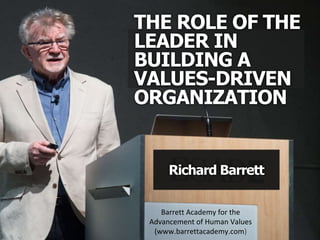 THE ROLE OF THE
LEADER IN
BUILDING A
VALUES-DRIVEN
ORGANIZATION
Richard Barrett
Barrett Academy for the
Advancement of Human Values
(www.barrettacademy.com)
 