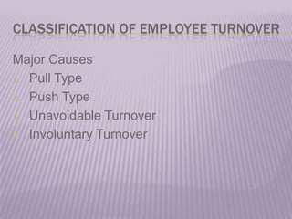 CLASSIFICATION OF EMPLOYEE TURNOVERMajor CausesPull Type Push TypeUnavoidable TurnoverInvoluntary Turnover