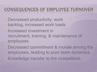 CONSEQUENCES OF EMPLOYEE TURNOVERDecreased productivity; work backlog, increased work loads.Increased investment in recruitment, training, & maintenance of employees.Decreased commitment & morale among the employees, leading to poor team dynamics.Knowledge transfer to the competitors.