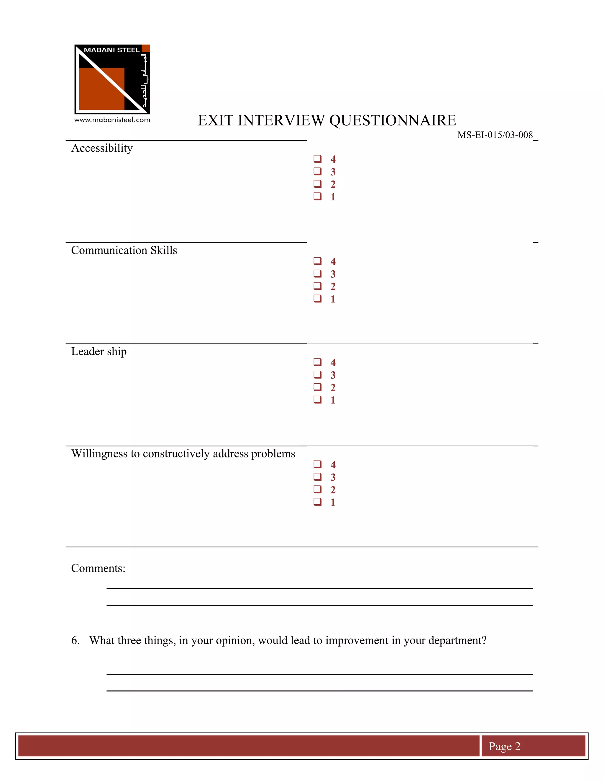 Exit interview questionnaire | DOC