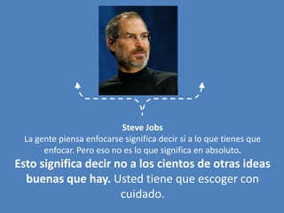 Steve JobsLa gente piensa enfocarse significa decir sí a lo que tienes que enfocar. Pero eso no es lo que significa en absoluto.Esto significa decir no a los cientos de otras ideas buenas que hay. Usted tiene que escoger con cuidado. 