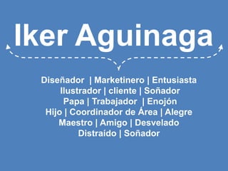 Iker AguinagaDiseñador  | Marketinero | Entusiasta Ilustrador | cliente | Soñador Papa | Trabajador  | EnojónHijo | Coordinador de Área | AlegreMaestro | Amigo | DesveladoDistraído | Soñador