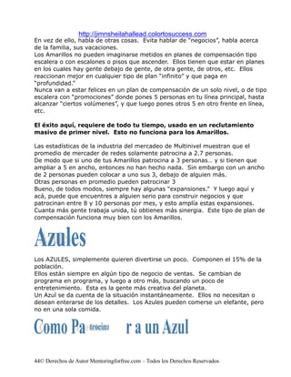 http://jimnsheilahallead.colortosuccess.com
En vez de ello, habla de otras cosas. Evita hablar de “negocios”, habla acerca
de la familia, sus vacaciones.
Los Amarillos no pueden imaginarse metidos en planes de compensación tipo
escalera o con escalones o pisos que ascender. Ellos tienen que estar en planes
en los cuales hay gente debajo de gente, de otra gente, de otros, etc. Ellos
reaccionan mejor en cualquier tipo de plan “infinito” y que paga en
“profundidad.”
Nunca van a estar felices en un plan de compensación de un solo nivel, o de tipo
escalera con “promociones” donde pones 5 personas en tu línea principal, hasta
alcanzar “ciertos volúmenes”, y que luego pones otros 5 en otro frente en línea,
etc.

El éxito aquí, requiere de todo tu tiempo, usado en un reclutamiento
masivo de primer nivel. Esto no funciona para los Amarillos.

Las estadísticas de la industria del mercadeo de Multinivel muestran que el
promedio de mercader de redes solamente patrocina a 2.7 personas.
De modo que si uno de tus Amarillos patrocina a 3 personas… y si tienen que
ampliar a 5 en ancho, entonces no han hecho nada. Sin embargo con un ancho
de 2 personas pueden colocar a uno sus 3, debajo de alguien más.
Otras personas en promedio pueden patrocinar 3
Bueno, de todos modos, siempre hay algunas “expansiones.” Y luego aquí y
acá, puede que encuentres a alguien serio para construir negocios y que
patrocinan entre 8 y 10 personas por mes, y esto amplía estas expansiones.
Cuanta más gente trabaja unida, tú obtienes más sinergia. Este tipo de plan de
compensación funciona muy bien con los Amarillos.




Los AZULES, simplemente quieren divertirse un poco. Componen el 15% de la
población.
Ellos están siempre en algún tipo de negocio de ventas. Se cambian de
programa en programa, y luego a otro más, buscando un poco de
entretenimiento. Esta es la gente más creativa del planeta.
Un Azul se da cuenta de la situación instantáneamente. Ellos no necesitan o
desean enterarse de los detalles. Los Azules pueden comerse un elefante, pero
no en una sola comida.




44© Derechos de Autor Mentoringforfree.com – Todos los Derechos Reservados
 