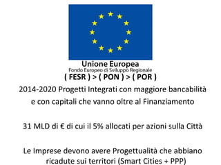 ( FESR ) > ( PON ) > ( POR )
2014-2020 Progetti Integrati con maggiore bancabilità
e con capitali che vanno oltre al Finanziamento
31 MLD di € di cui il 5% allocati per azioni sulla Città
Le Imprese devono avere Progettualità che abbiano
ricadute sui territori (Smart Cities + PPP)
 