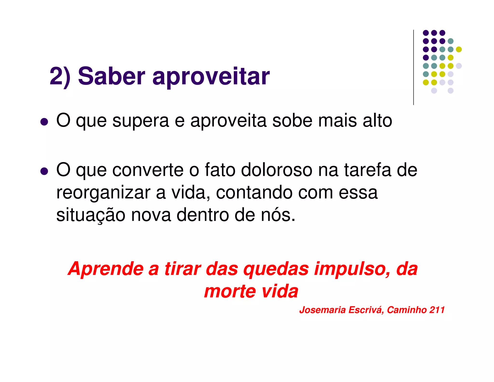 2) Saber aproveitar
O que supera e aproveita sobe mais alto

O que converte o fato doloroso na tarefa de
reorganizar a vida, contando com essa
situação nova dentro de nós.

 Aprende a tirar das quedas impulso, da
                 morte vida
                            Josemaria Escrivá, Caminho 211
 