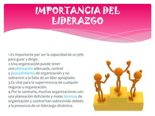 TENDENCIAS DEL LIDERAZGO1.- Edad del liderazgo de conquista.- Durante este período la principal amenaza era la conquista. La gente buscaba el jefe omnipotente; el mandatario despótico y dominante que prometiera a la gente seguridad a cambio de su lealtad y sus impuestos.2.- Edad del liderazgo comercial.- A comienzo de la edad industrial, la seguridad ya no era la función principal de liderazgo la gente empezaba a buscar aquellos que pudieran indicarle como levantar su nivel de vida.3.- Edad del liderazgo de organización.- Se elevaron los estándares de vida y eran más fáciles de alcanzar. La gente comenzó a buscar un sitio a donde "pertenecer". La medida del liderazgo se convirtió en la capacidad de organizarse.4.- Edad del liderazgo e innovación.- A medida que se incrementa la taza de innovación, con frecuencia los productos y métodos se volvían obsoletos antes de salir de la junta de planeación. Los líderes del momento eran aquellos que eran extremadamente innovadores y podían manejar los problemas de la creciente celeridad de la obsolencia.