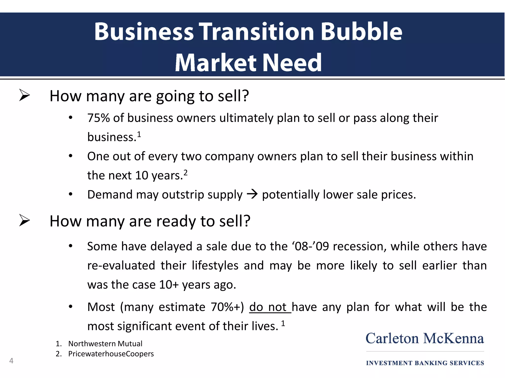  How many are going to sell?
• 75% of business owners ultimately plan to sell or pass along their
business.1
• One out of every two company owners plan to sell their business within
the next 10 years.2
• Demand may outstrip supply  potentially lower sale prices.
 How many are ready to sell?
• Some have delayed a sale due to the ‘08-’09 recession, while others have
re-evaluated their lifestyles and may be more likely to sell earlier than
was the case 10+ years ago.
• Most (many estimate 70%+) do not have any plan for what will be the
most significant event of their lives. 1
1. Northwestern Mutual
2. PricewaterhouseCoopers
4
 