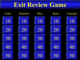 Exit Review Game
50
40
10
20
30
50
40
10
20
30
50
40
10
20
30
50
40
10
20
30
50
40
10
20
30
ElementsColor Misc. Styles Concepts
 