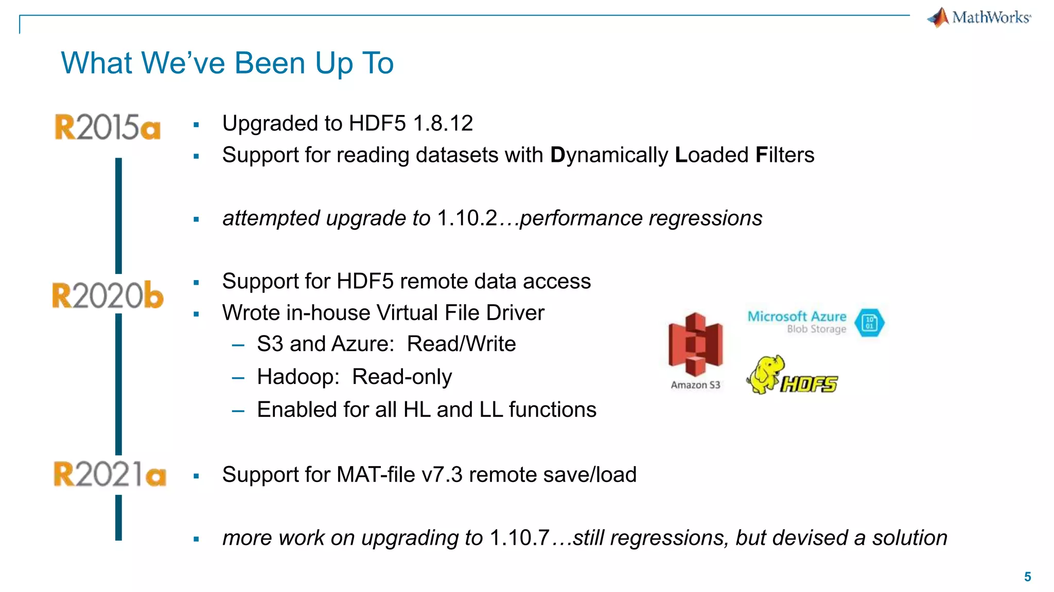 5
What We’ve Been Up To
 Upgraded to HDF5 1.8.12
 Support for reading datasets with Dynamically Loaded Filters
 attempted upgrade to 1.10.2…performance regressions
 Support for HDF5 remote data access
 Wrote in-house Virtual File Driver
– S3 and Azure: Read/Write
– Hadoop: Read-only
– Enabled for all HL and LL functions
 Support for MAT-file v7.3 remote save/load
 more work on upgrading to 1.10.7…still regressions, but devised a solution
 