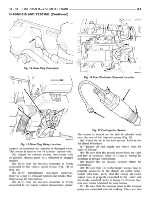 14 - 10    FUEL SYSTEM—2.5L DIESEL ENGINE                                                                XJ
DIAGNOSIS AND TESTING (Continued)




            Fig. 14 Glow Plug Connector


                                                             Fig. 16 Fuel Shutdown Solenoid Location




                                                                    Fig. 17 Fuel Injector Sensor
                                                        The sensor is located on the side of cylinder head
                                                        near the rear of fuel injection pump (Fig. 20).
                                                          (16) Check for air in the fuel system. Refer to the
          Fig. 15 Glow Plug Relay Location              Air Bleed Procedure.
                                                          (17) Inspect all fuel supply and return lines for
Inspect the connector for corrosion or damaged wires.   signs of leakage.
This sensor is used on the #1 cylinder injector only.     (18) Be sure that the ground connections are tight
   (12) Inspect for exhaust system restrictions such    and free of corrosion. Refer to Group 8, Wiring for
as pinched exhaust pipes or a collapsed or plugged      locations of ground connections.
muffler.                                                  (19) Inspect the air cleaner element (filter) for
   (13) Verify that the harness connector is firmly     restrictions.
connected to the vehicle speed sensor (Fig. 18) or        (20) Be sure that the turbocharger output hose is
(Fig. 19).                                              properly connected to the charge air cooler (inter-
   (14) Verify turbocharger wastegate operation.        cooler) inlet tube. Verify that the charge air cooler
Refer to Group 11, Exhaust System and Intake Man-       output hose is properly connected to the cooler and
ifold Group for information.                            the intake manifold. Refer to Group 11, Exhaust Sys-
   (15) Verify that the harness connector is firmly     tem and Intake Manifold for information.
connected to the engine coolant temperature sensor.       (21) Be sure that the vacuum hoses to the vacuum
                                                        pump are connected and not leaking. There are two
 