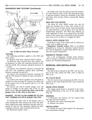 XJ                                                         FUEL SYSTEM—2.5L DIESEL ENGINE               14 - 35
DIAGNOSIS AND TESTING (Continued)
                                                           (9) Replace the relay if it did not pass the continu-
                                                        ity and resistance tests. If the relay passed the tests,
                                                        it operates properly. Check the remainder of the ASD
                                                        and other relay circuits. Refer to group 8W, Wiring
                                                        Diagrams.

                                                        MASS AIR FLOW SENSOR
                                                          The Mass Air Flow (MAF) sensor can only be
                                                        tested by checking for a fault code stored in the
                                                        MSA. If the mass air flow sensor stops functioning,
                                                        you will experience a loss of power, as if you had no
                                                        turbocharger operation. The MSA may indicate no
                                                        turbo operation if there is no signal from the MAF
                                                        sensor. If the sensor sets a fault and no loss of power
                                                        then check to see if there is a clogged air filter.

                                                        VEHICLE SPEED SENSOR TEST
                                                          To perform a test of the sensor and its related cir-
                                                        cuitry, refer to DRB scan tool.
                                                          Diagnostic Trouble Codes: Refer to On-Board
                                                        Diagnostics in Group 25, Emission Control System
                                                        for a list of Diagnostic Trouble Codes (DTC’s) for cer-
      Fig. 18 ASD and Other Relay Terminals             tain fuel system components.
TESTING
  The following procedure applies to the ASD and
                                                        DIAGNOSTIC TROUBLE CODES
                                                          For a list of Diagnostic Trouble Codes (DTC’s),
other relays.
                                                        refer to Group 25, Emission Control System for infor-
  (1) Remove relay from connector before testing.
                                                        mation. See On-Board Diagnostics.
  (2) With the relay removed from the vehicle, use
an ohmmeter to check the resistance between termi-
nals 85 and 86. The resistance should be between 75     REMOVAL AND INSTALLATION
Ϯ5 ohms.
  (3) Connect the ohmmeter between terminals 30         ASD RELAY
and 87A. The ohmmeter should show continuity               The ASD relay is located in the PDC. For the loca-
between terminals 30 and 87A.                           tion of the relay within the PDC, refer to label on
  (4) Connect the ohmmeter between terminals 87         PDC cover.
and 30. The ohmmeter should not show continuity at
this time.                                              A/C CLUTCH RELAY
  (5) Connect one end of a jumper wire (16 gauge or       The A/C clutch relay is located in the PDC. For the
smaller) to relay terminal 85. Connect the other end    location of the relay within the PDC, refer to label on
of the jumper wire to the ground side of a 12 volt      PDC cover.
power source.
  (6) Connect one end of another jumper wire (16        ENGINE SPEED SENSOR
gauge or smaller) to the power side of the 12 volt        The engine speed sensor is mounted to the trans-
power source. Do not attach the other end of the        mission bellhousing at the rear of the engine block
jumper wire to the relay at this time.                  (Fig. 19).
WARNING: DO NOT ALLOW OHMMETER TO CON-                  REMOVAL
TACT TERMINALS 85 OR 86 DURING THIS TEST.                 (1) Disconnect the harness (on the sensor) from
                                                        the main electrical harness.
  (7) Attach the other end of the jumper wire to          (2) Remove the sensor mounting bolts.
relay terminal 86. This activates the relay. The ohm-     (3) Remove the sensor.
meter should now show continuity between relay ter-
minals 87 and 30. The ohmmeter should not show          INSTALLATION
continuity between relay terminals 87A and 30.            (1) Install the sensor flush against the opening in
  (8) Disconnect jumper wires.                          the transmission housing.
 